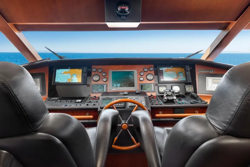 Hag Yacht Photos Pics Cockpit of 2007 Custom Line Navetta 30 yacht with navigation screens and steering wheel.