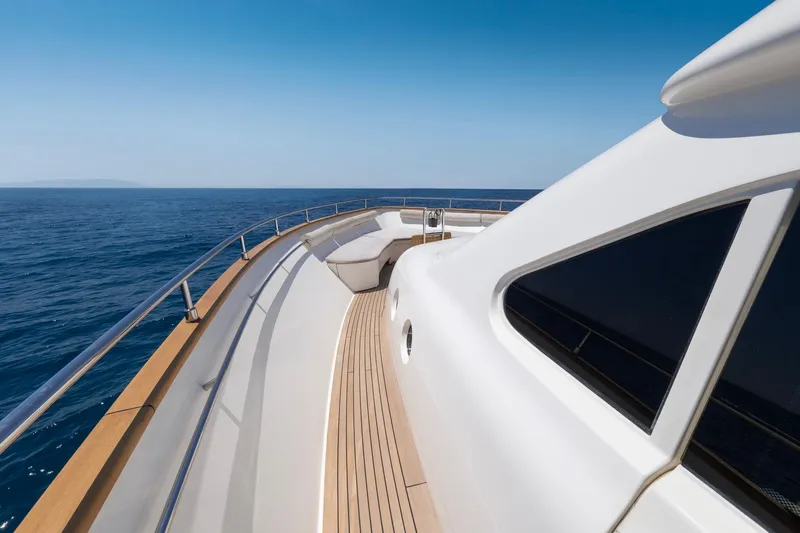 Hag Yacht Photos Pics Luxurious 2007 Custom Line Navetta 30 yacht deck with ocean view and clear blue sky.