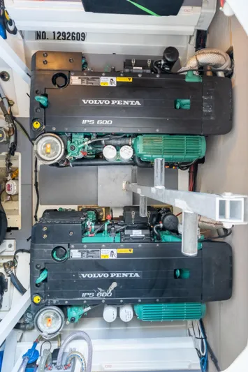 Motivated Seller Yacht Photos Pics Engine room of a 2019 Prestige 520 yacht with Volvo Penta IPS 600 engines.