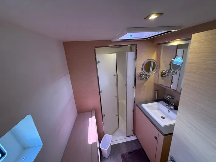 A New Hope Yacht Photos Pics Luxurious bathroom in 2018 Fountaine Pajot MY 44 yacht with modern fixtures and shower.