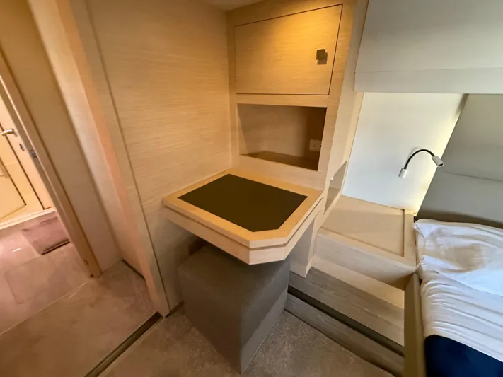 A New Hope Yacht Photos Pics Luxurious cabin interior of 2018 Fountaine Pajot MY 44 yacht, featuring modern design and cozy amenities.