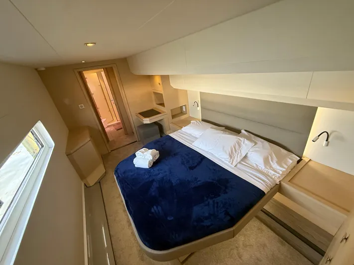 A New Hope Yacht Photos Pics Luxurious bedroom interior of 2018 Fountaine Pajot MY 44 yacht with cozy bed and modern design.