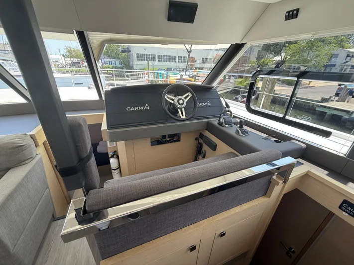 A New Hope Yacht Photos Pics Helm of 2018 Fountaine Pajot MY 44 yacht with Garmin navigation system.