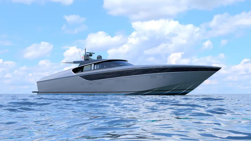  Yacht Photos Pics Luxury yacht Cantieri di Pisa 80 Veloce 2024 on open sea under blue sky.