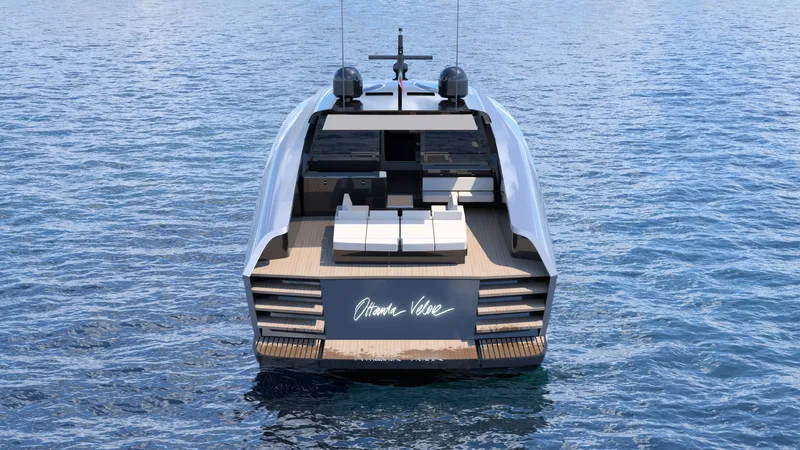  Yacht Photos Pics 2024 Cantieri di Pisa 80 Veloce yacht on calm blue water, rear view.