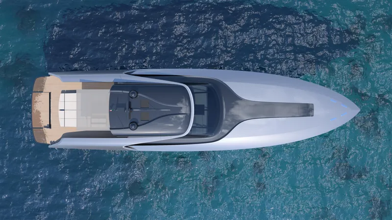  Yacht Photos Pics Top view of 2024 Cantieri di Pisa 80 Veloce yacht on blue ocean water.