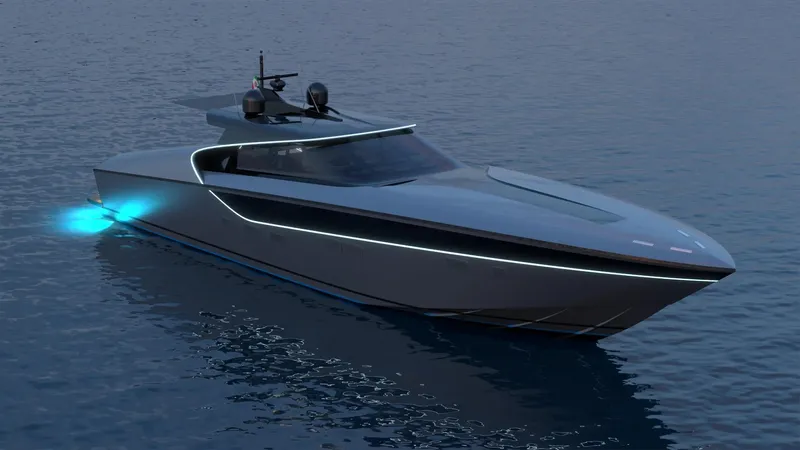  Yacht Photos Pics Sleek 2024 Cantieri di Pisa 80 Veloce yacht on calm water at dusk.