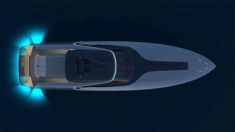  Yacht Photos Pics Top view of 2024 Cantieri di Pisa 80 Veloce yacht with glowing lights.