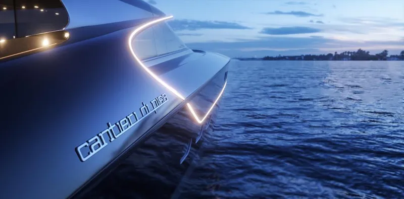  Yacht Photos Pics Luxury yacht Cantieri di Pisa 80 Veloce 2024 on serene water at sunset.