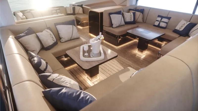  Yacht Photos Pics Luxurious interior of 2024 Cantieri di Pisa 80 Veloce yacht with elegant seating and decor.