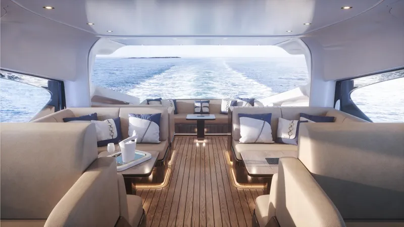  Yacht Photos Pics Luxurious interior of 2024 Cantieri di Pisa 80 Veloce yacht with ocean view.