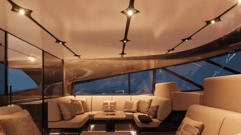  Yacht Photos Pics Luxurious interior of 2024 Cantieri di Pisa 80 Veloce yacht with elegant seating and modern lighting.