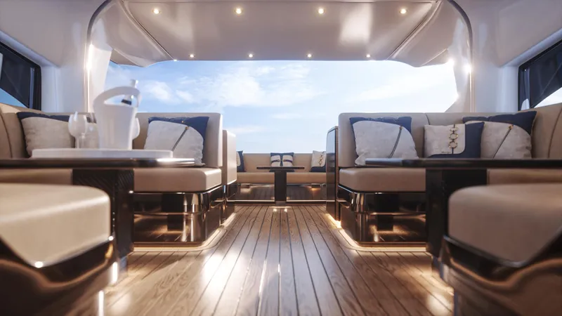 Yacht Photos Pics Luxurious interior of 2024 Cantieri di Pisa 80 Veloce yacht with elegant seating and wooden flooring.