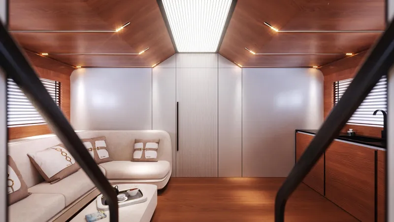  Yacht Photos Pics Luxurious interior of 2024 Cantieri di Pisa 80 Veloce yacht with modern design and cozy seating.