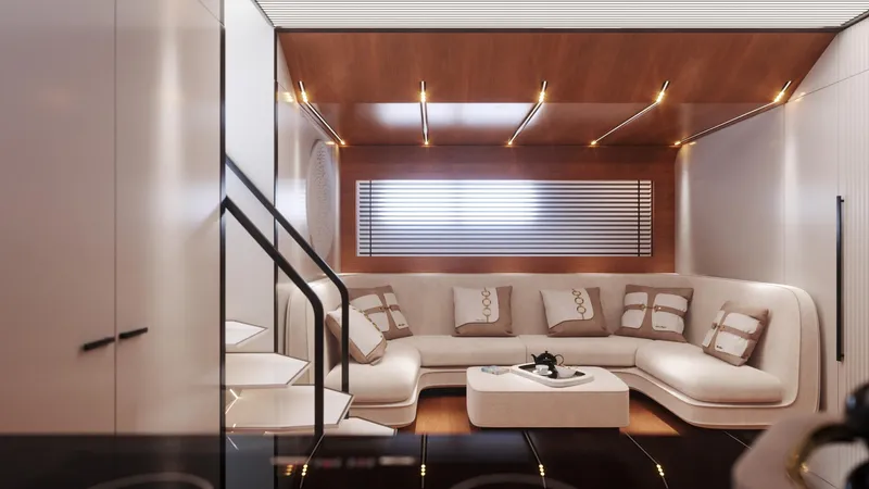  Yacht Photos Pics Luxurious interior of 2024 Cantieri di Pisa 80 Veloce yacht with modern seating and lighting.