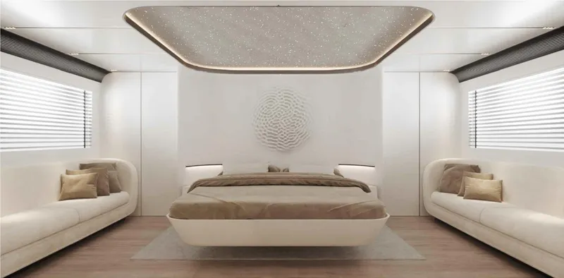  Yacht Photos Pics Luxurious 2024 Cantieri di Pisa 80 Veloce yacht bedroom with modern design and ambient lighting.