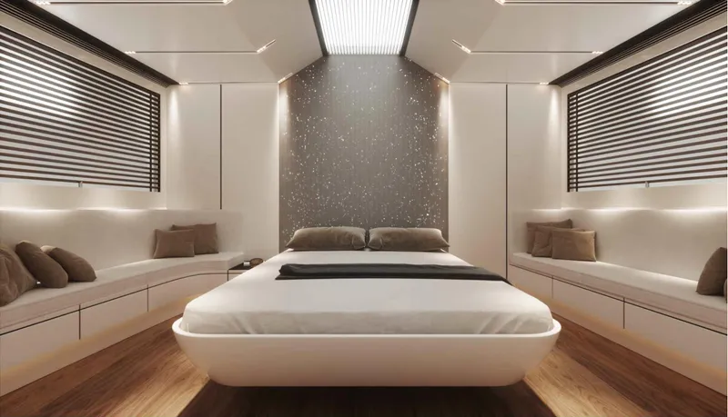  Yacht Photos Pics Luxurious bedroom interior of 2024 Cantieri di Pisa 80 Veloce yacht, featuring modern design.
