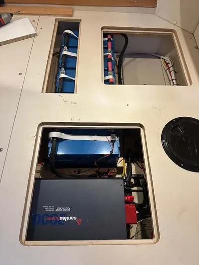 Namaste III Yacht Photos Pics 2010 Four Winns V435 boat interior showing electrical and plumbing systems.