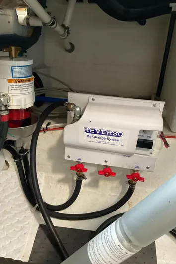  Yacht Photos Pics Reverso oil change system in 2016 Back Cove 30 boat engine compartment.