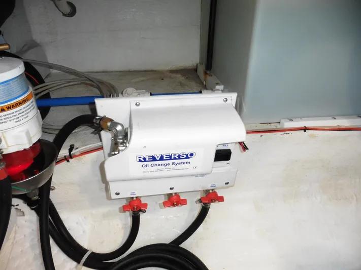  Yacht Photos Pics Reverso oil change system in 2016 Back Cove 30 boat engine compartment.