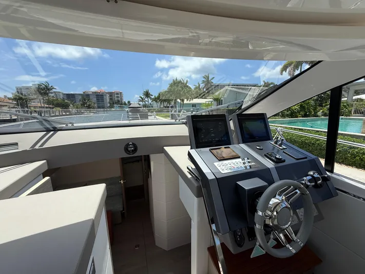  Yacht Photos Pics 2023 Rio Yachts SPORT COUPE helm with modern controls and waterfront view.