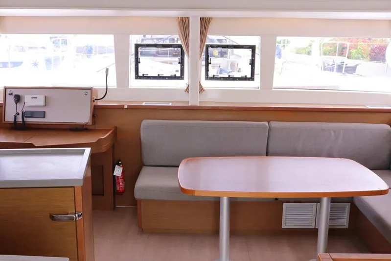 Libertas Ds Yacht Photos Pics Interior of 2019 Lagoon 450 F catamaran with seating and dining area.
