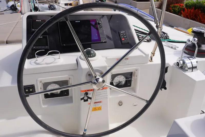 Libertas Ds Yacht Photos Pics Steering wheel and controls of a 2019 Lagoon 450 F catamaran.