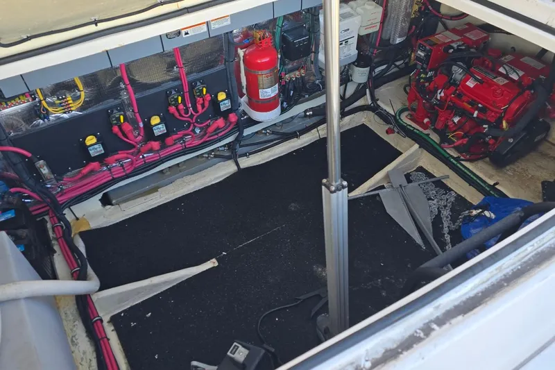  Yacht Photos Pics Engine compartment of a 2019 Regal 33 OBX boat with wiring and equipment.