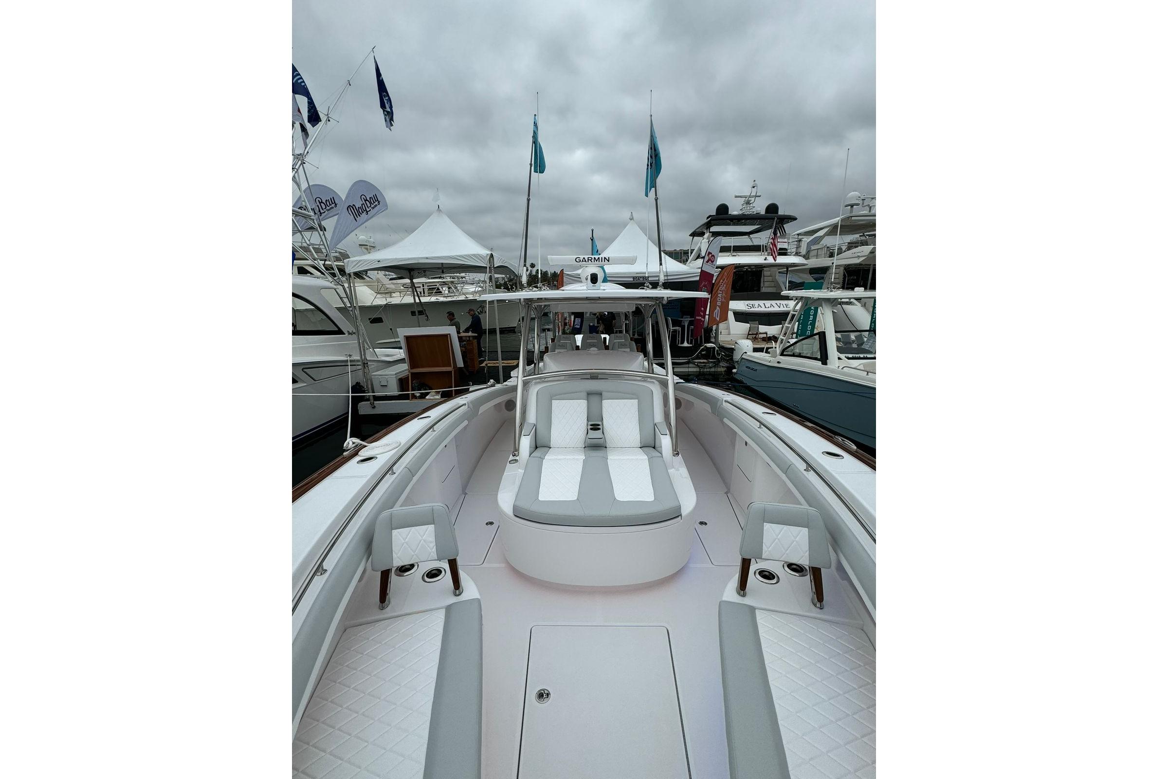 2024 Mag Bay 43 CC boat interior with sleek seating and modern design.