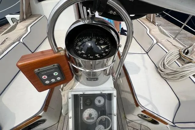 September Morn Yacht Photos Pics 1986 Little Harbor AFt Cockpit K/CB Sloop helm with compass and navigation controls.