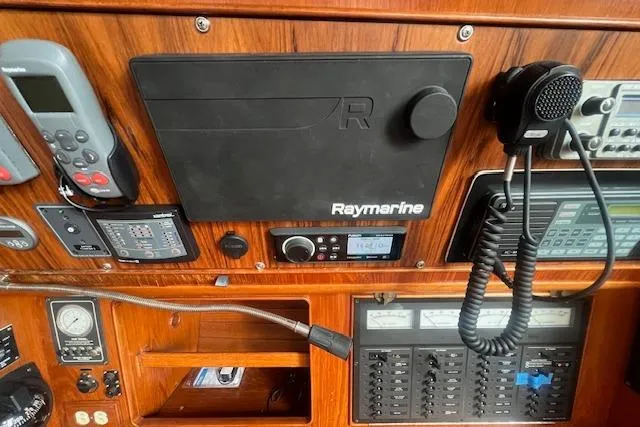 September Morn Yacht Photos Pics Control panel of 1986 Little Harbor AFt Cockpit K/CB Sloop with Raymarine equipment.