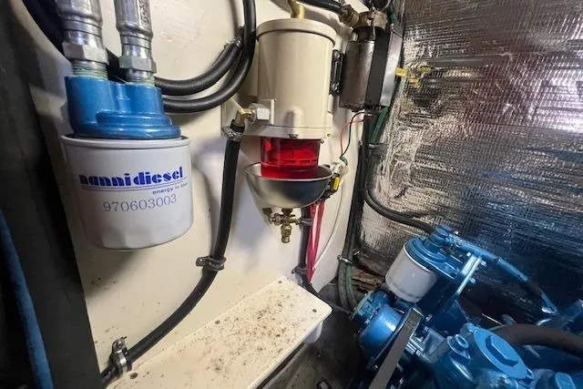 September Morn Yacht Photos Pics Engine room of 1986 Little Harbor AFt Cockpit K/CB Sloop with fuel filter system.