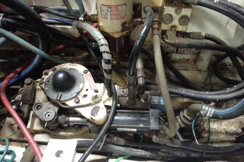 Elizabeth Yacht Photos Pics Engine room of 1989 DeFever 57 POC Motor Yacht with complex wiring and components.