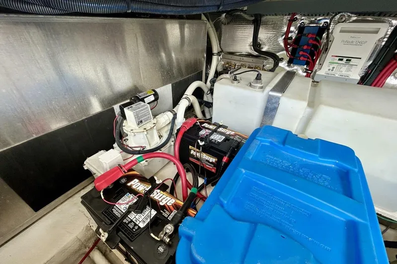  Yacht Photos Pics Engine compartment of 2011 Regal 38 Express with batteries and electrical components.