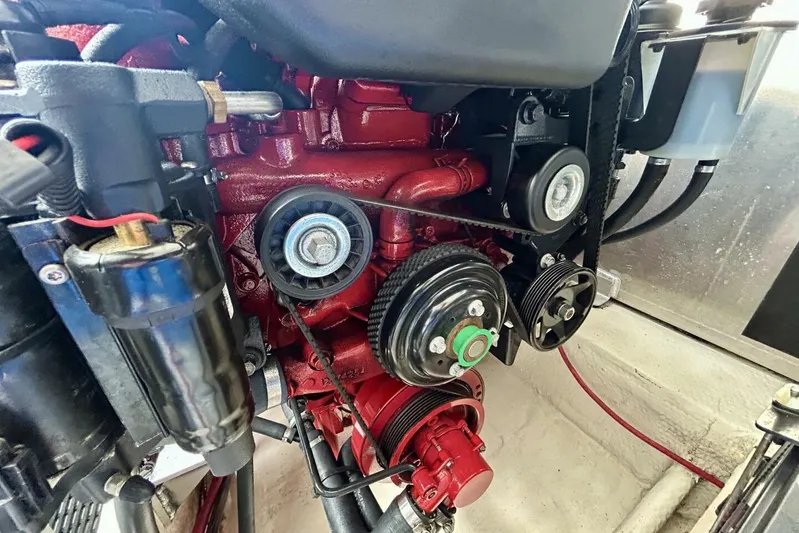  Yacht Photos Pics Engine components of a 2011 Regal 38 Express boat, featuring belts and pulleys.