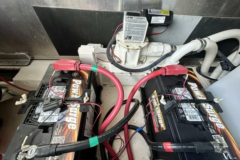  Yacht Photos Pics Engine compartment of 2011 Regal 38 Express with Power Surge batteries and wiring.