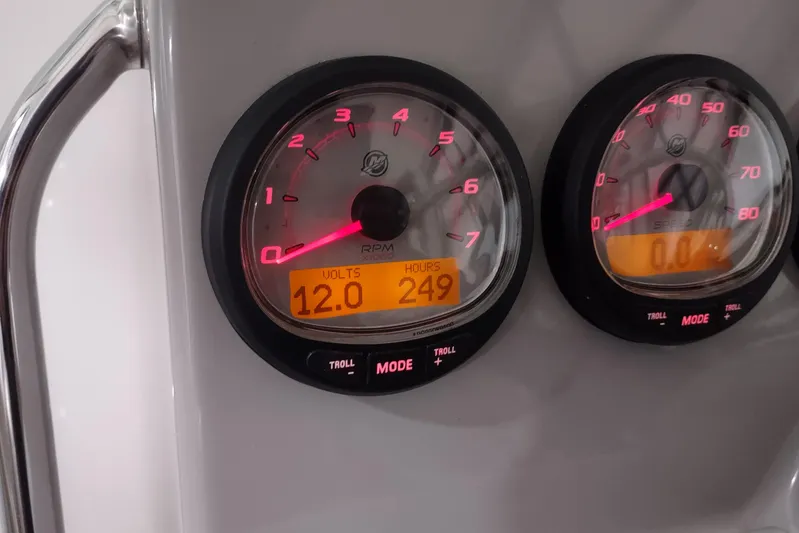  Yacht Photos Pics Close-up of Boston Whaler 285 Conquest 2015 boat gauges displaying volts and hours.