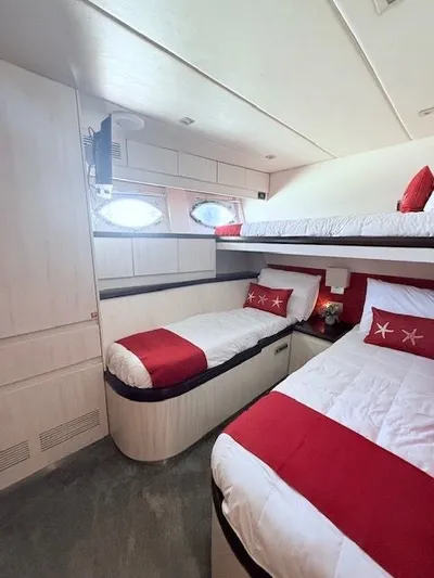 Mia Yacht Photos Pics Luxurious cabin of Contenzo Eagle 90 yacht, 2009, with red accents.