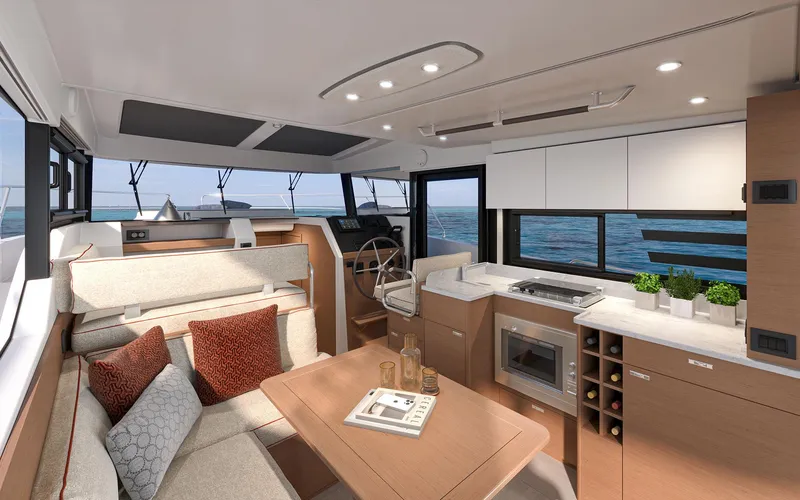  Yacht Photos Pics Interior of 2026 Beneteau Swift Trawler 37 FLY, featuring modern kitchen and seating area.