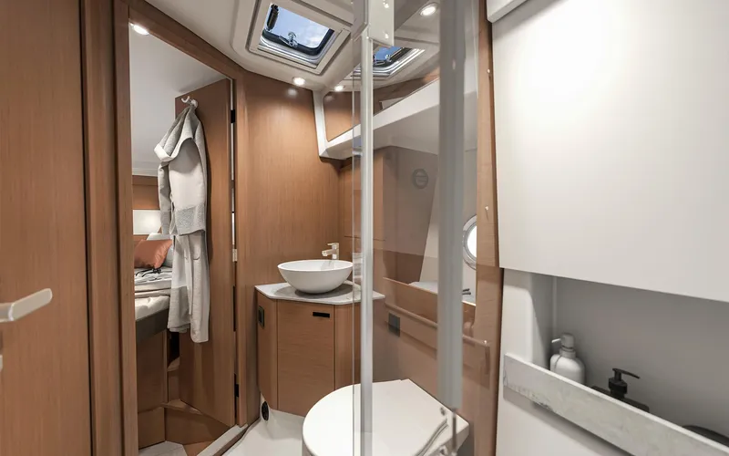  Yacht Photos Pics Luxurious bathroom interior of 2026 Beneteau Swift Trawler 37 FLY yacht.