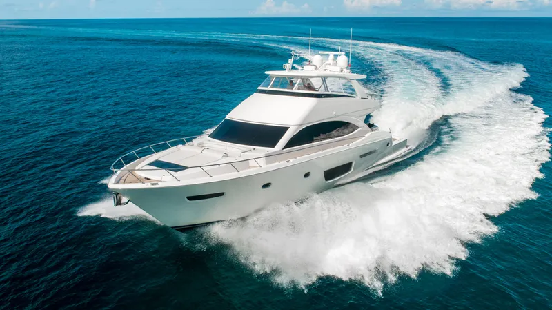 Marybelle Yacht Photos Pics 2017 Viking 82 Cockpit Motor Yacht cruising on open ocean waters.
