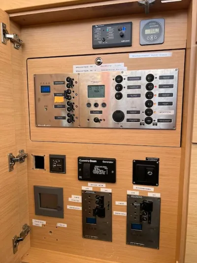 Angels Share Yacht Photos Pics Electrical control panel of a 2015 Lagoon 450 F yacht.