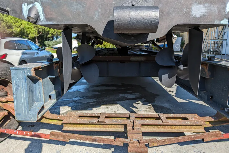  Yacht Photos Pics Underside view of a 1998 Princess 52 Flybridge Motor Yacht on a trailer.