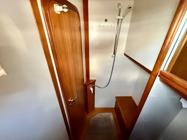  Yacht Photos Pics Wooden interior shower area on a 2001 Apreamare 12m boat.