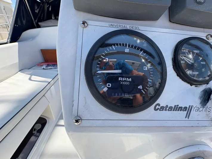 Ventosa Yacht Photos Pics Close-up of a 2006 Catalina 350 yacht's RPM gauge and dashboard.