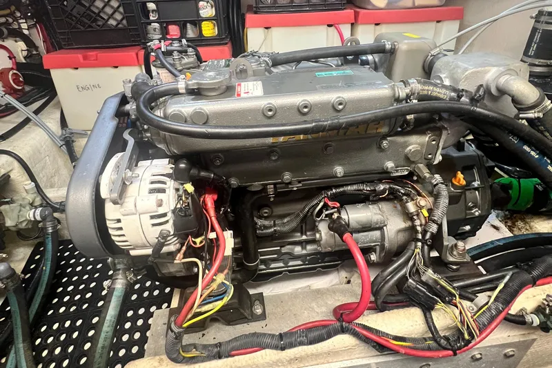 Insandity Yacht Photos Pics Engine room of a 2006 Great Harbour N37 boat, showcasing detailed engine components.
