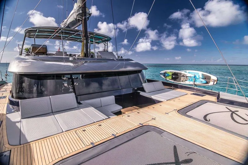 Relentless Yacht Photos Pics Luxurious 2020 Sunreef Sail 60 yacht on serene ocean with clear skies.