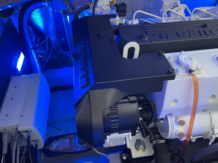 Debaitable Yacht Photos Pics Engine compartment of a 2004 Albemarle 320 Express Fisherman with Yanmar diesel engine.