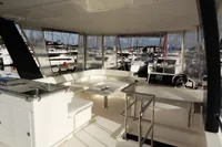 Interior of 2017 Leopard 43 Powercat yacht with marina view.