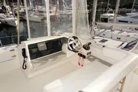 Helm station of 2017 Leopard 43 Powercat with modern navigation equipment.